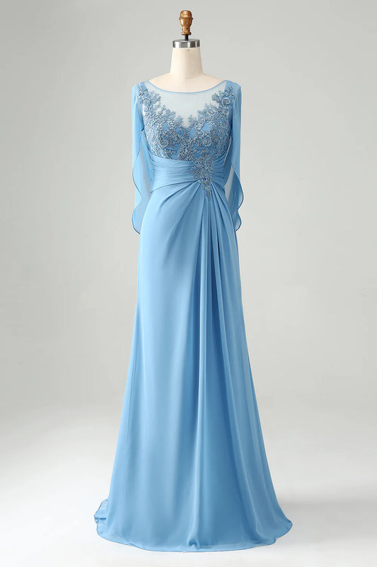 Blue Mermaid Beaded Cap Sleeves Mother of the Bride Dress with Appliques