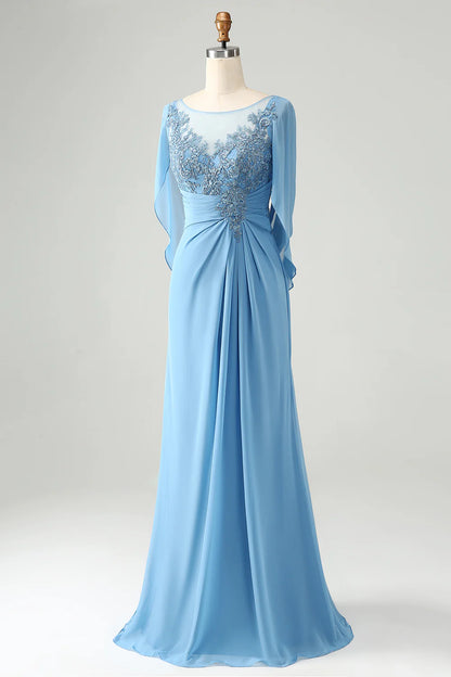 Blue Mermaid Beaded Cap Sleeves Mother of the Bride Dress with Appliques