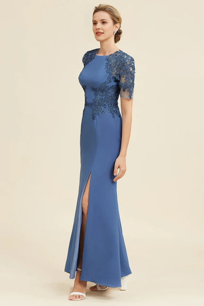 Blue Mermaid Open Back Mother of the Bride Dress with Slit