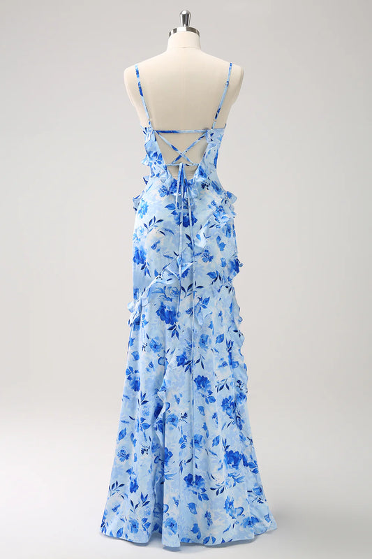 Blue Mermaid Spaghetti Straps Ruched Print Ruffle Bridesmaid Dress with Slit