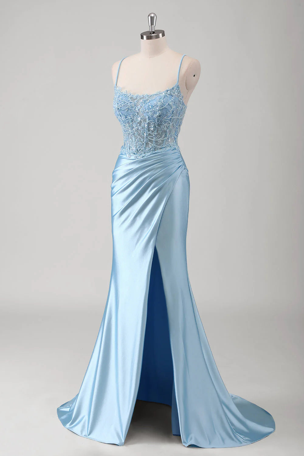 Blue Mermaid Spaghetti Straps Sheer Corset Ruched Long Prom Dress with Slit