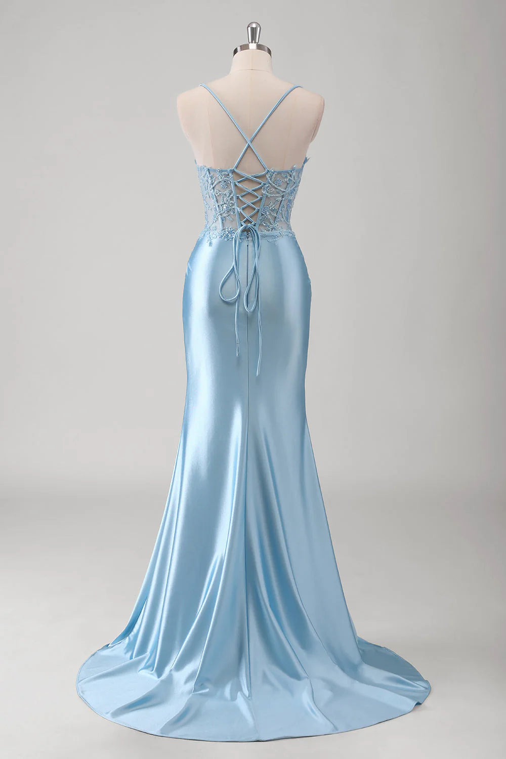 Blue Mermaid Spaghetti Straps Sheer Corset Ruched Long Prom Dress with Slit