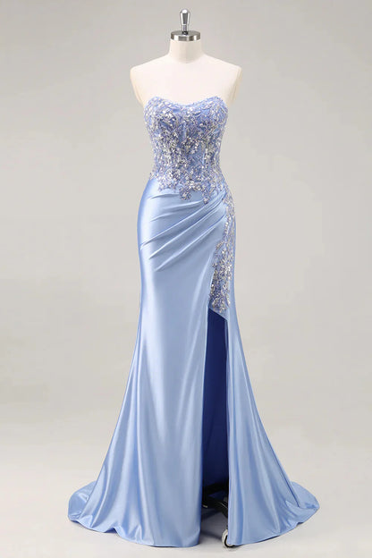 Burgundy Mermaid Strapless Sequins Beaded Satin Long Prom Dress with Slit