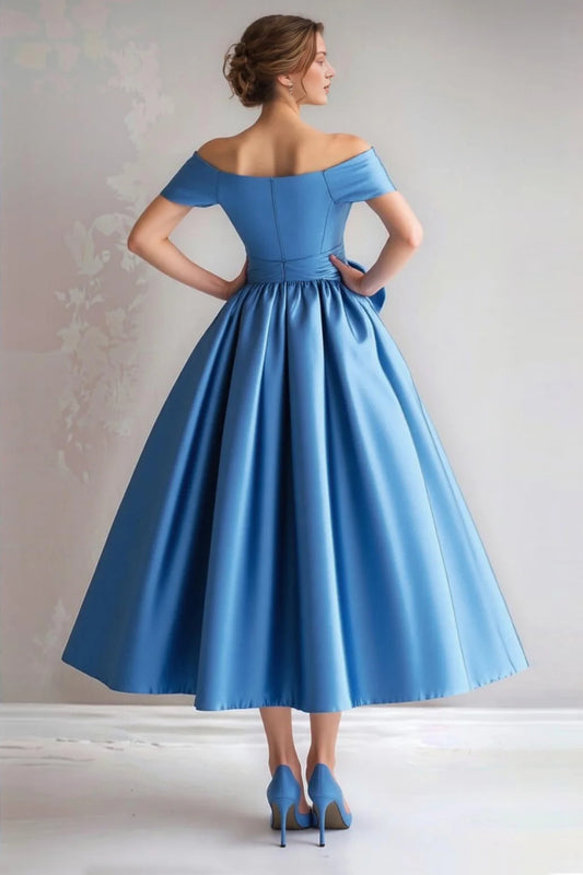 Blue Off the Shoulder A-Line Satin Midi Mother Of The Bride Dress with Bow