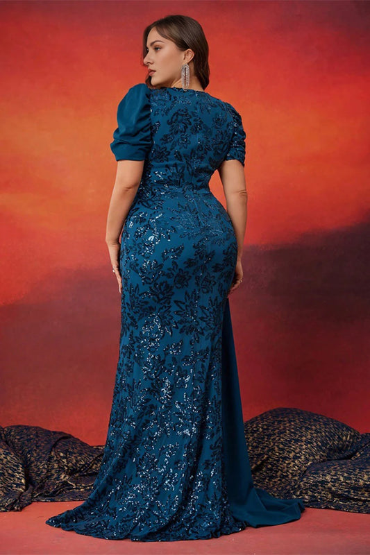 Blue Plus Size Mermaid Appliques Sequins Mother Of The Bride Dress With Streamer