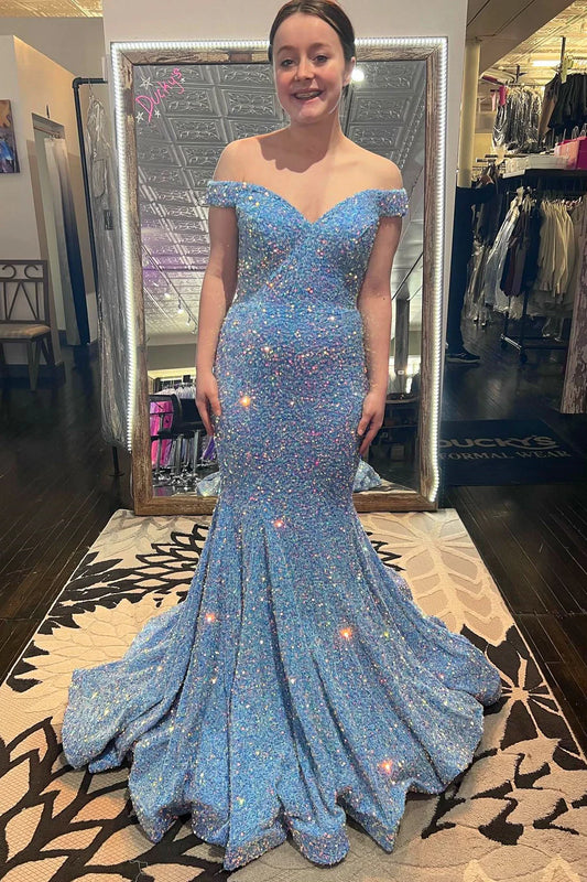 Blue Rainbow Sparkle Off Shoulder Ball Dress