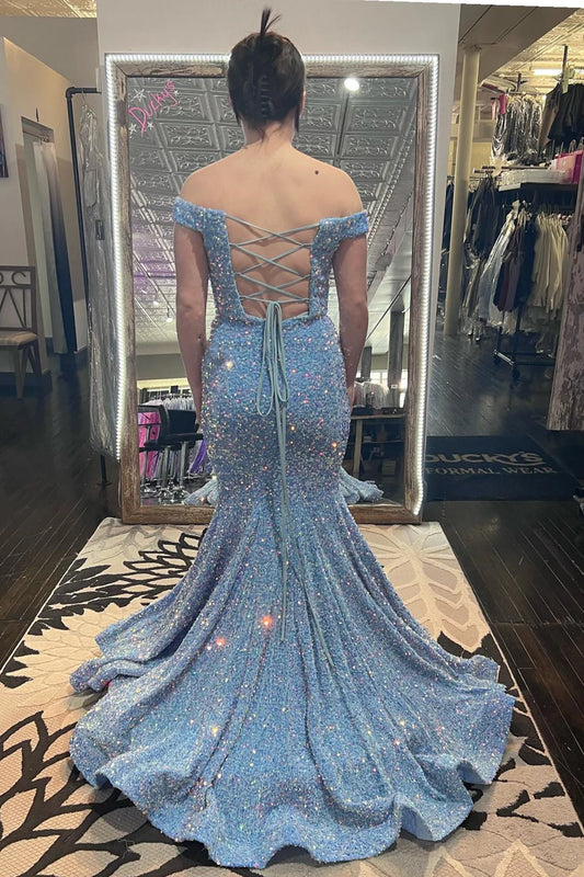 Blue Rainbow Sparkle Off Shoulder Ball Dress