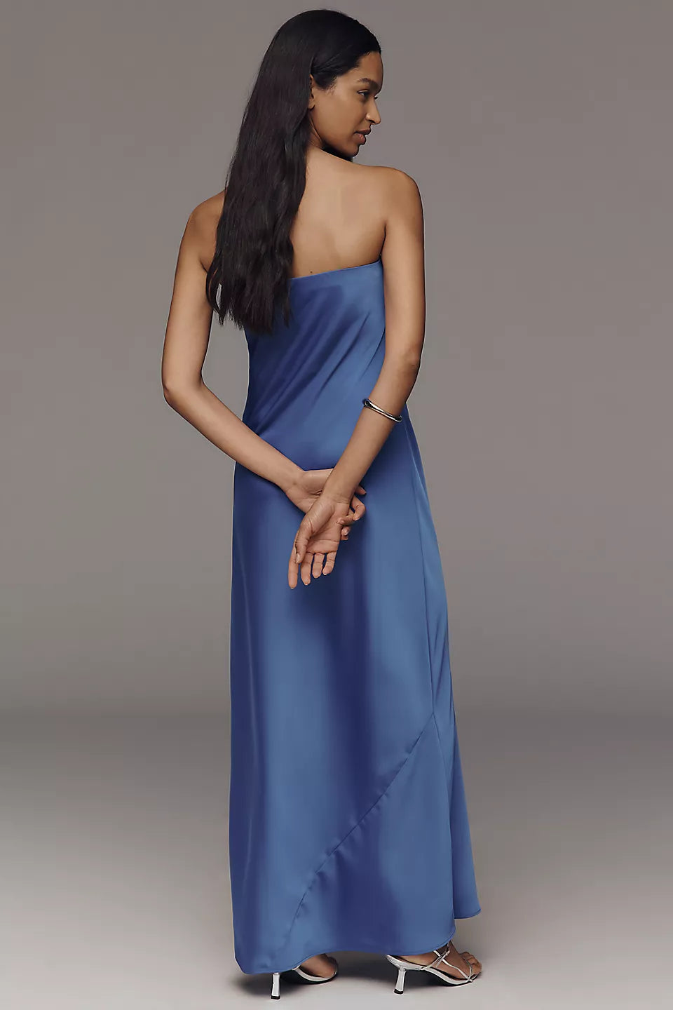 Blue Satin Strapless Maxi Evening Dresses with Bias Cut & Open Back