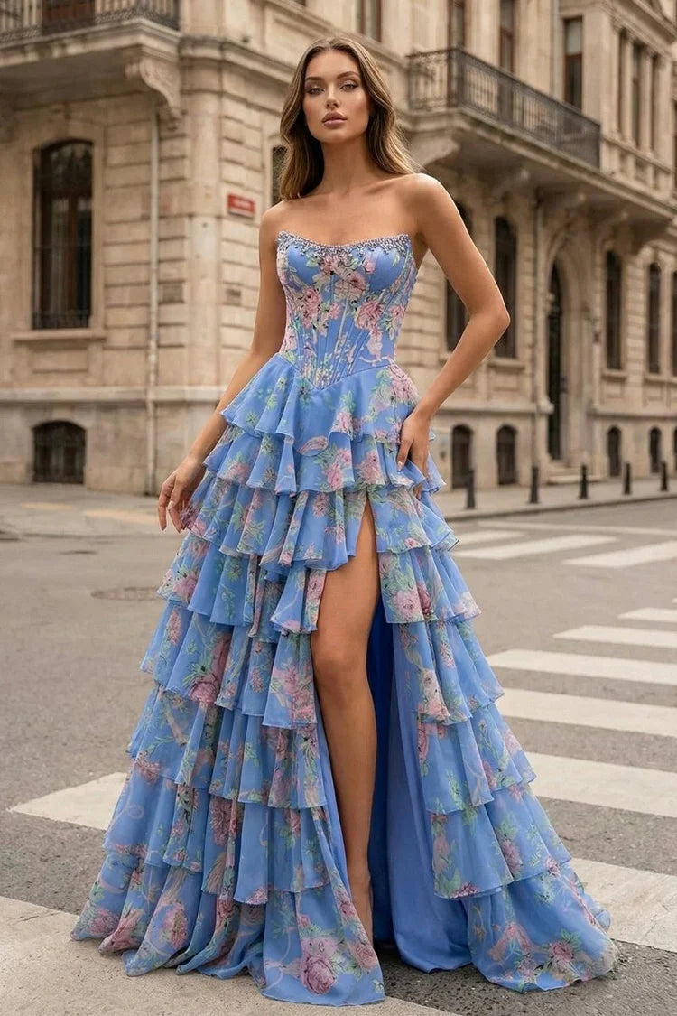 Blue Strapless Floral Tiered Ruffle Evening Dresses