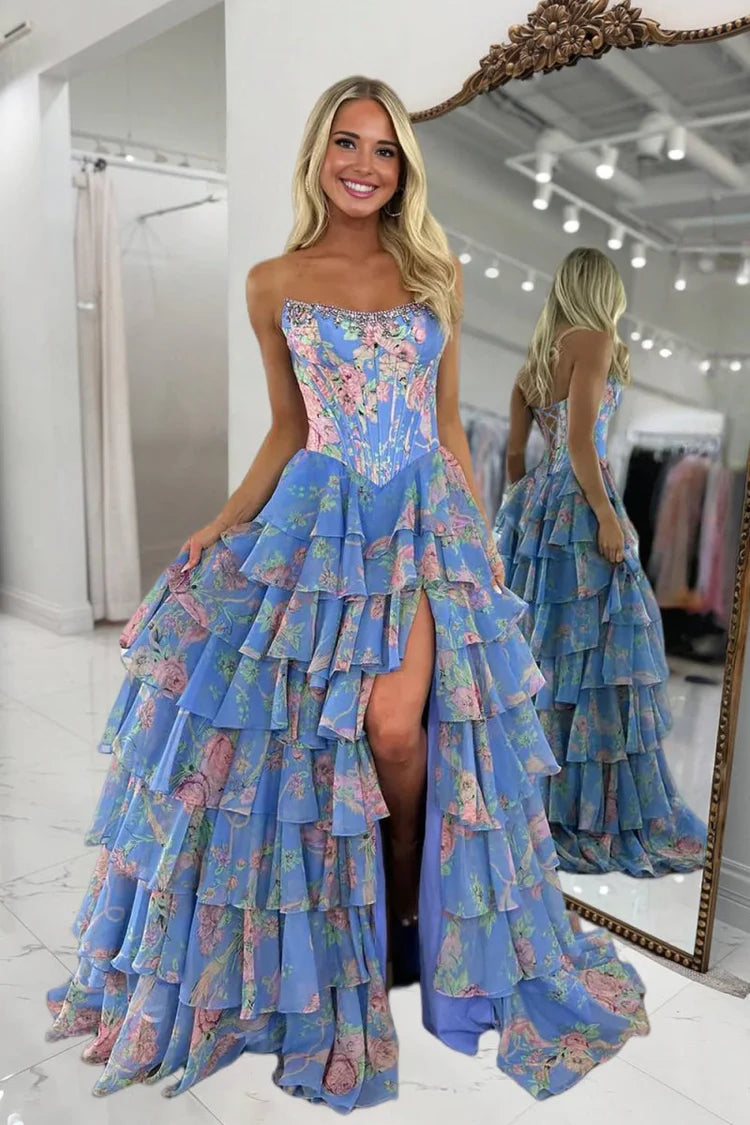 Blue Strapless Floral Tiered Ruffle Evening Dresses
