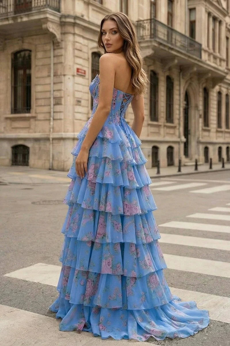 Blue Strapless Floral Tiered Ruffle Evening Dresses