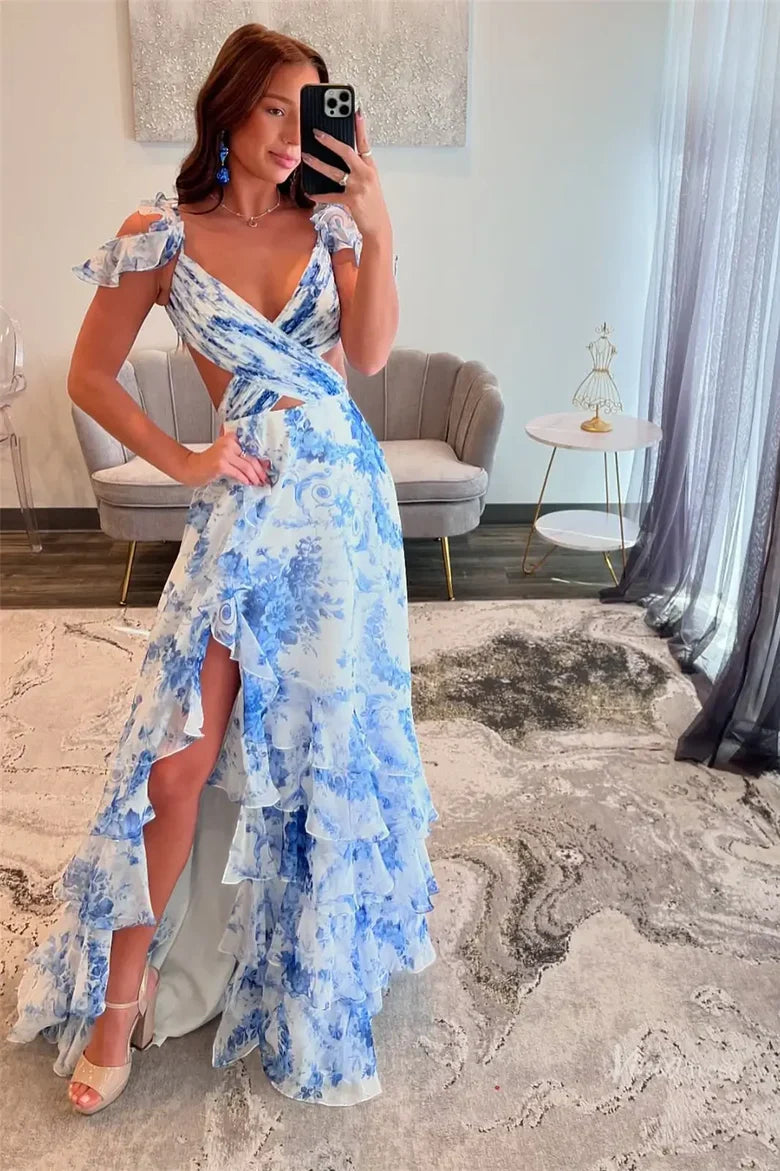 Blue White Floral Print Ruffle Strap Cutout Maxi Dress with Tiered Skirt & High Slit