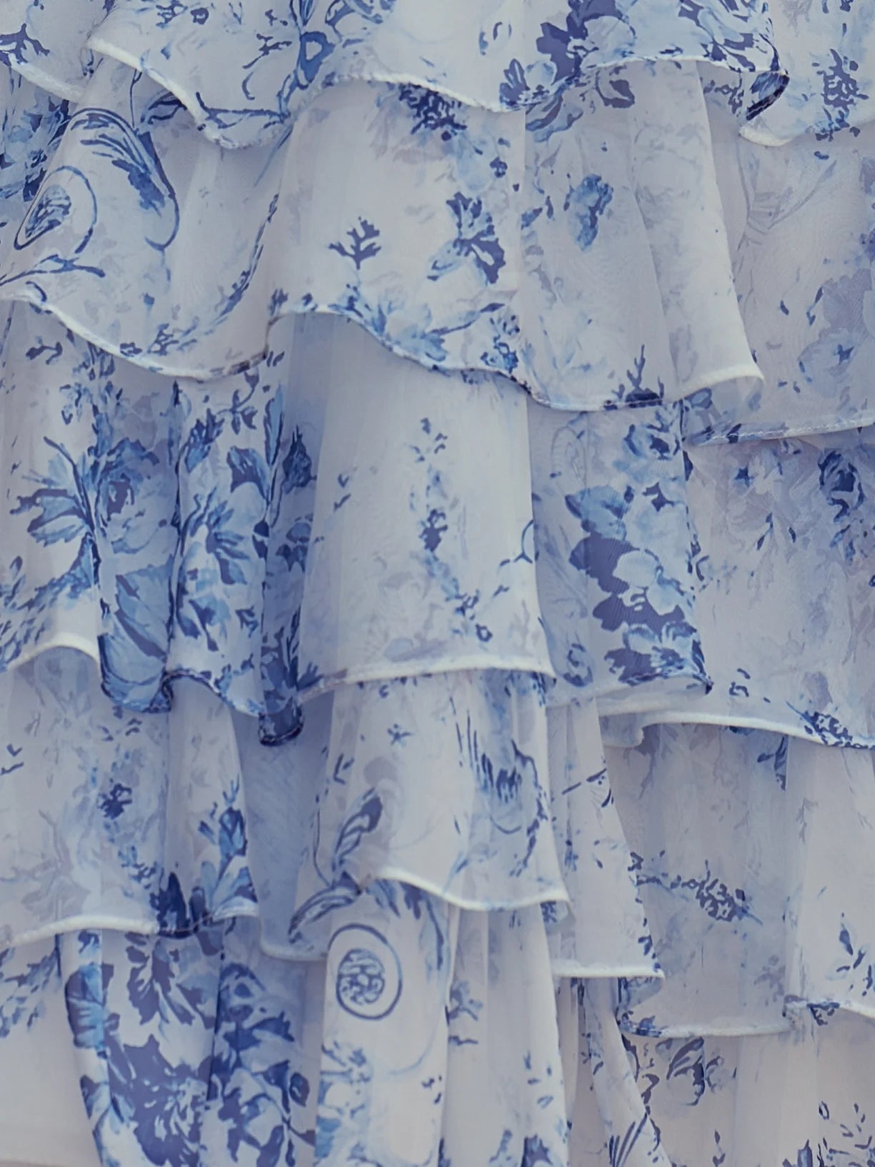 Blue White Floral Print Strapless Bow Front Tiered Ruffle Mini Cocktail Dress with Lace Up Back