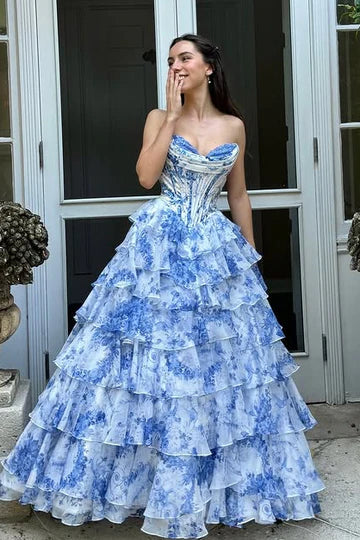 Blue White Floral Strapless Corset Tiered Ruffle Prom Dress with Slit