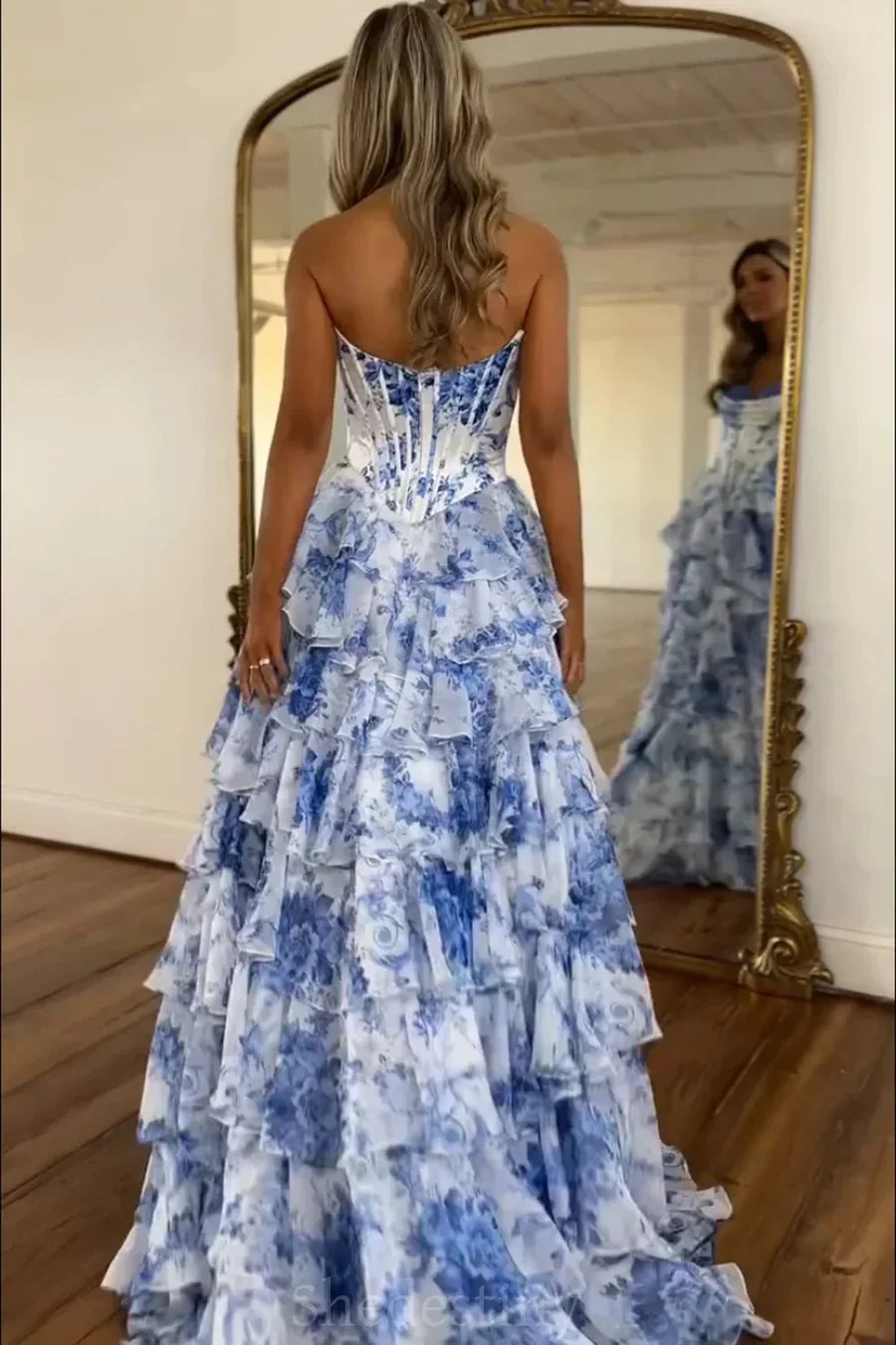 Blue White Floral Strapless Corset Tiered Ruffle Prom Dress with Slit