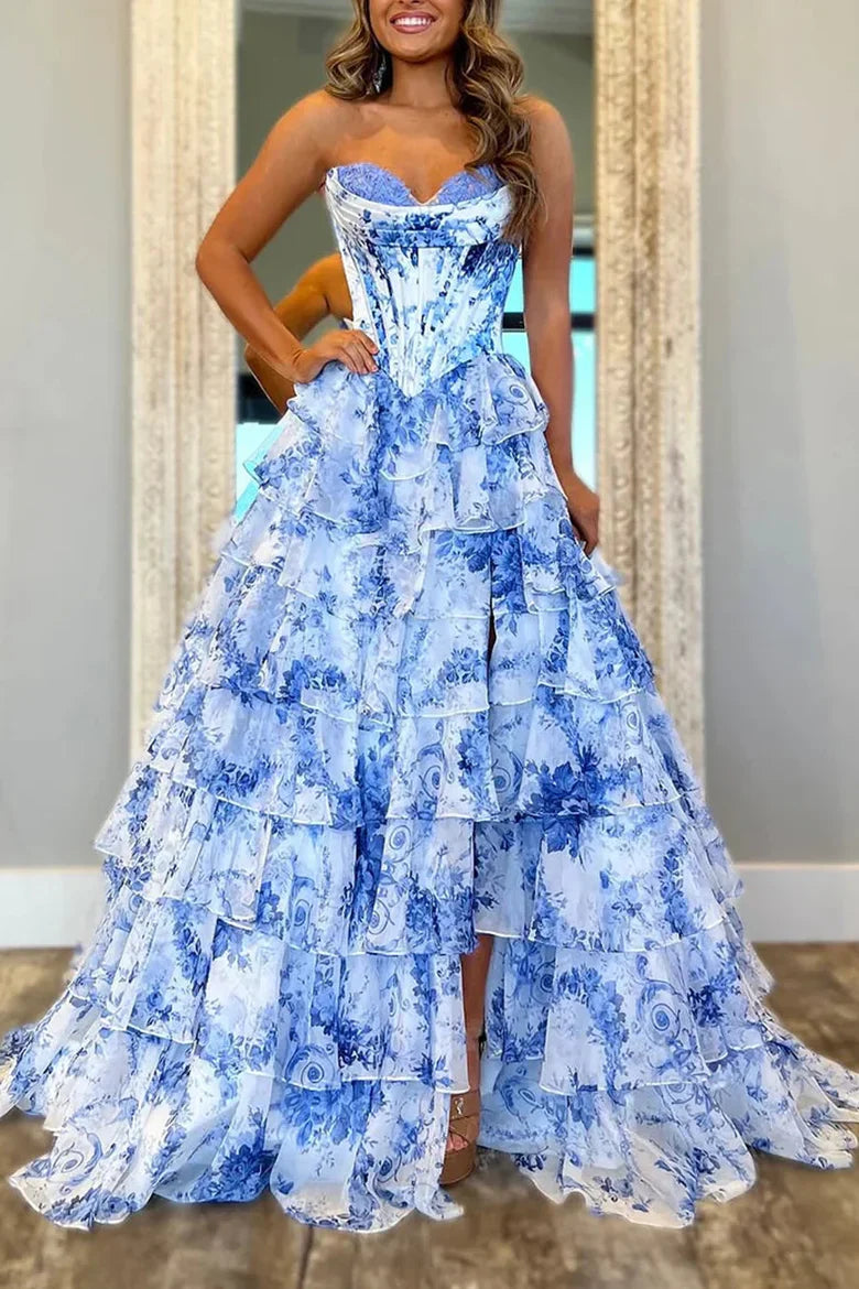 Blue White Floral Strapless Corset Tiered Ruffle Prom Dress with Slit