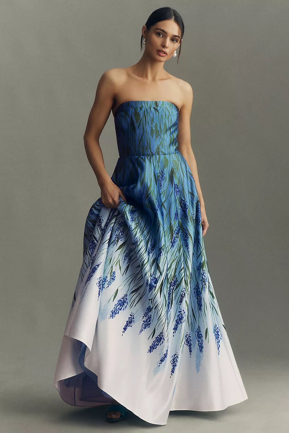 Blue White Gradient Lavender Floral Print Strapless Corset Back Maxi Evening Dresses