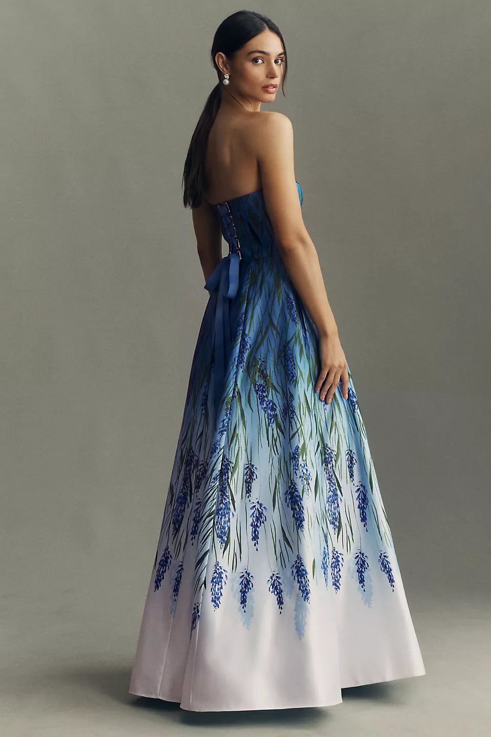 Blue White Gradient Lavender Floral Print Strapless Corset Back Maxi Evening Dresses
