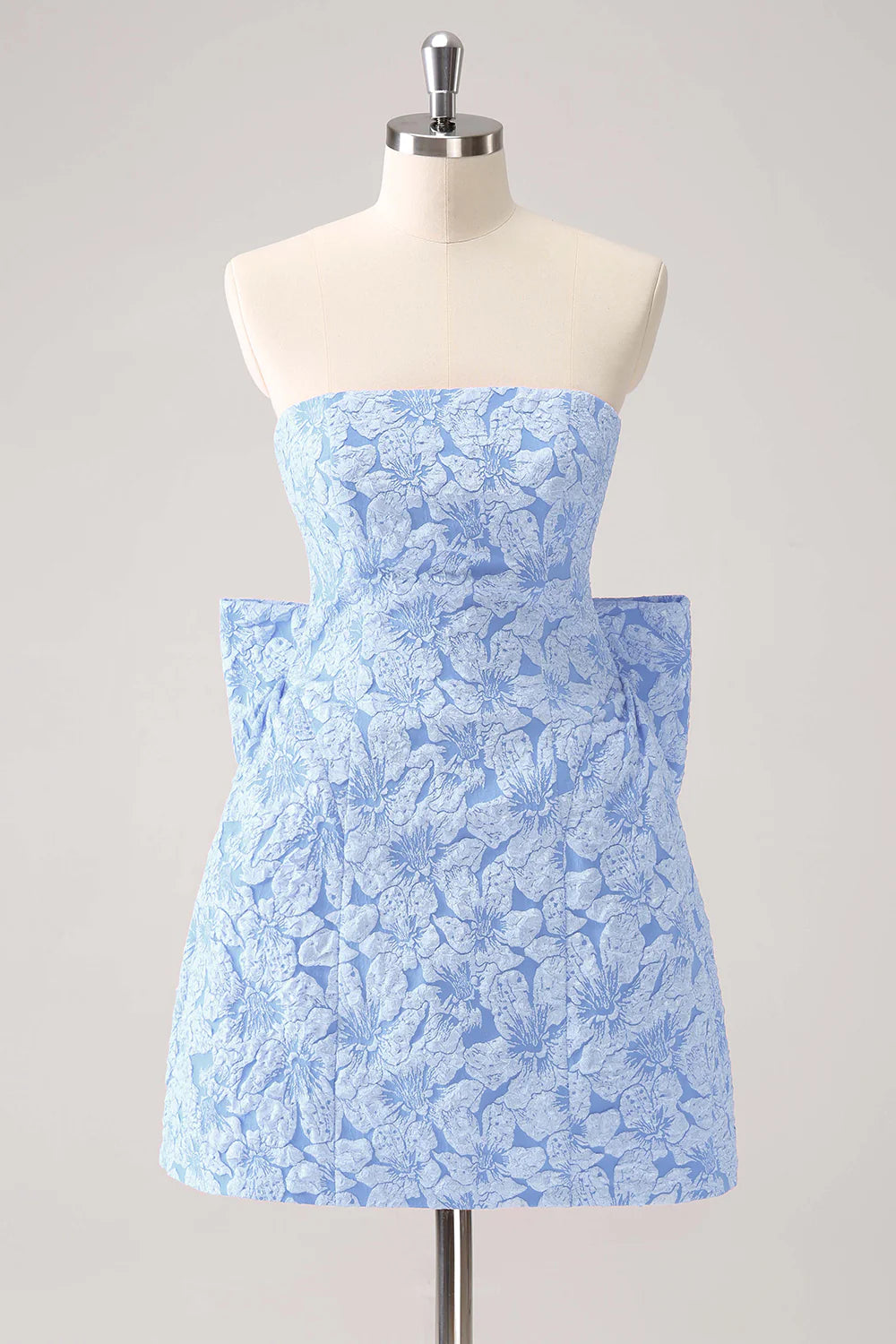 A-line strapless printed short bow back to school dress