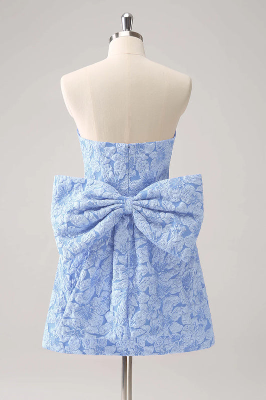 A-line strapless printed short bow back to school dress