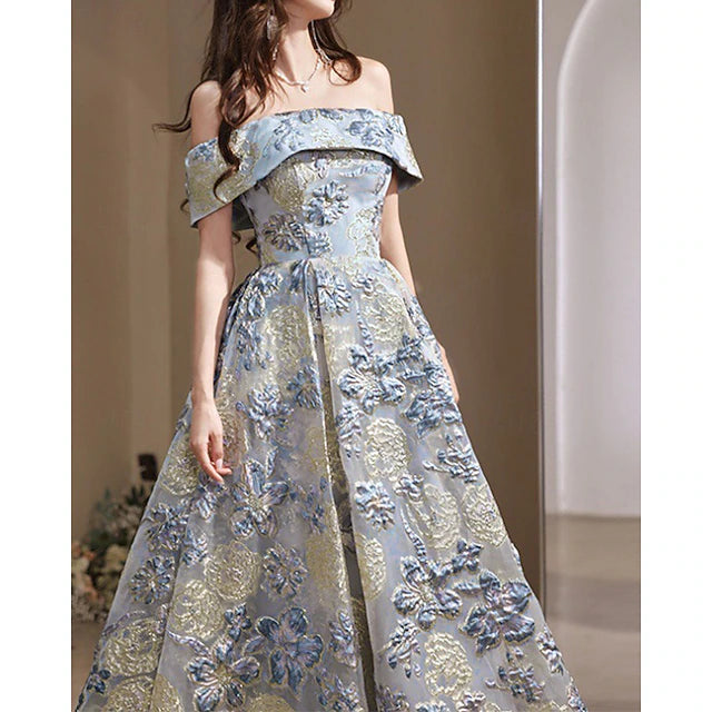 Blue & Gold Floral Brocade Off-the-Shoulder Ball Gown Evening Dresses with Pockets