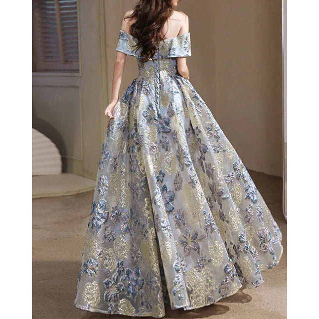 Blue & Gold Floral Brocade Off-the-Shoulder Ball Gown Evening Dresses with Pockets