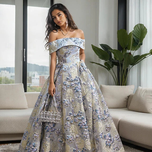 Blue & Gold Floral Brocade Off-the-Shoulder Ball Gown Evening Dresses with Pockets