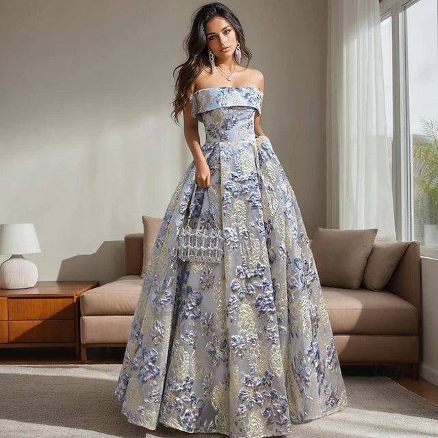 Blue & Gold Floral Brocade Off-the-Shoulder Ball Gown Evening Dresses with Pockets