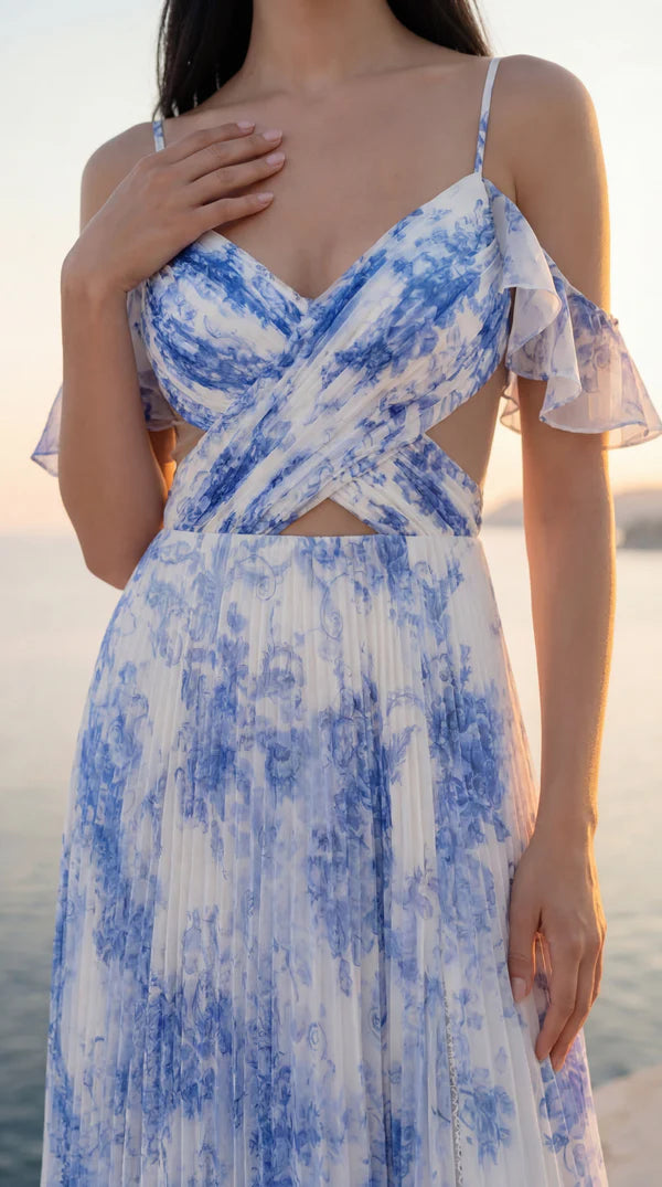 Blue & White Floral Print Cold-Shoulder Cutout Pleated Maxi Evening Dresses