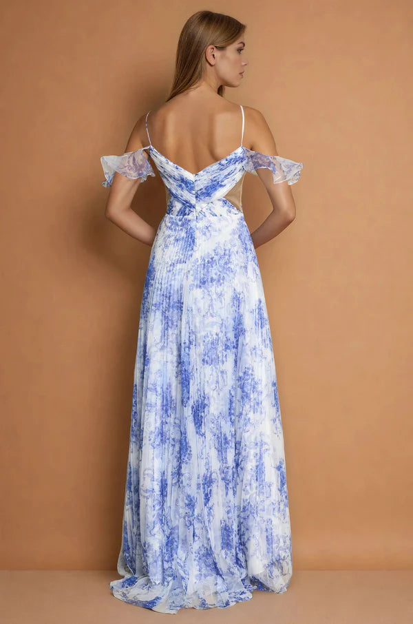 Blue & White Floral Print Cold-Shoulder Cutout Pleated Maxi Evening Dresses