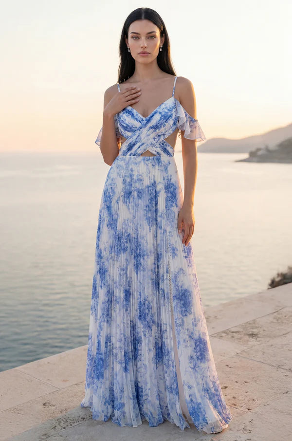 Blue & White Floral Print Cold-Shoulder Cutout Pleated Maxi Evening Dresses