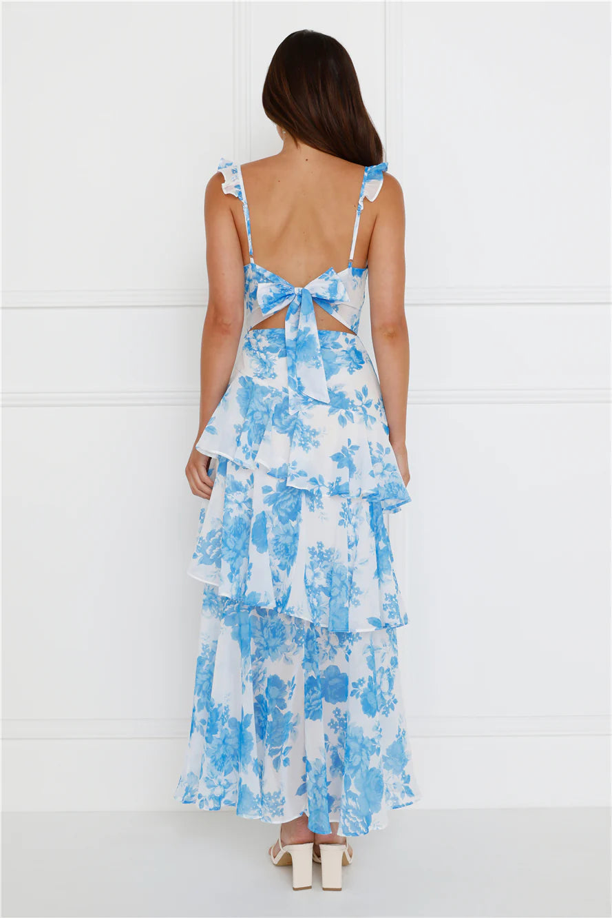 Blue & White Floral Ruffle Strap Tiered High Slit Maxi Dresses