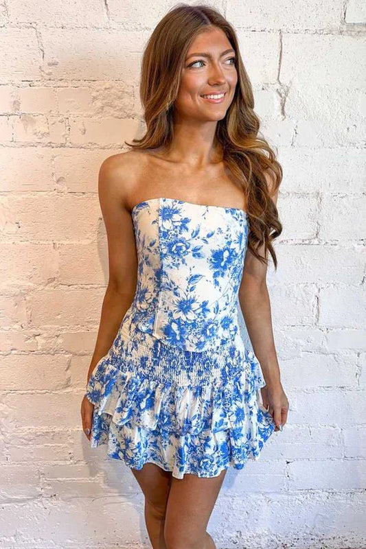Blue&White Print Strapless Ruffles Sleeveless Short Homecoming Dress