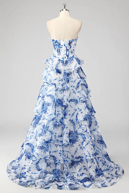 Blush Floral A-Line Strapless Ruffled Corset Printed Tiered Long Prom Dress with Slit