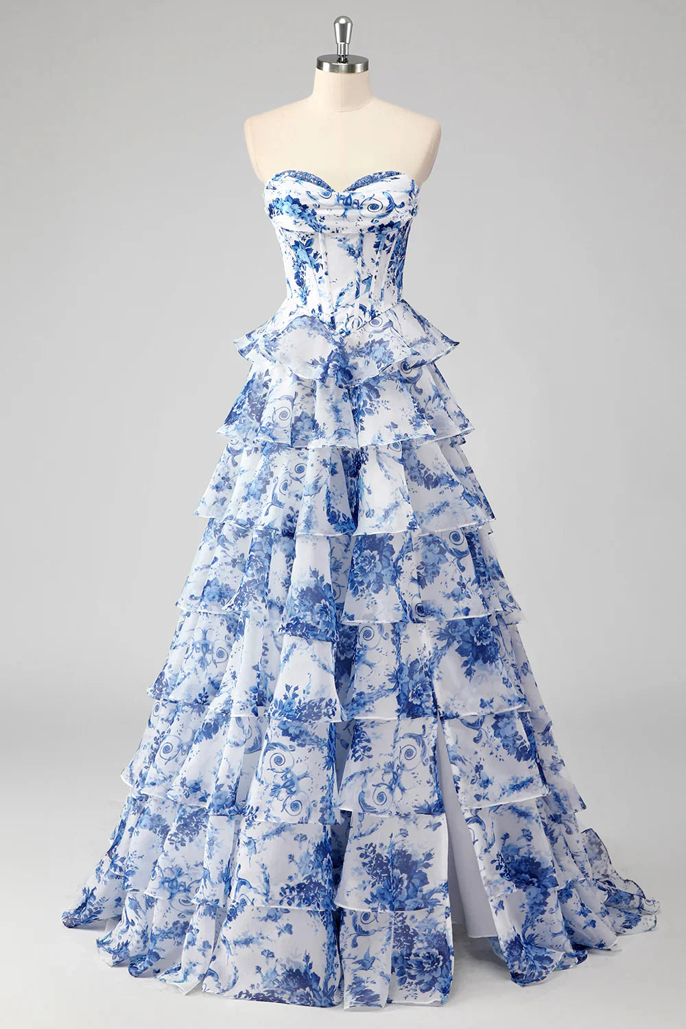 Flower A-line strapless pleated corset printed layered long ball dress with slit