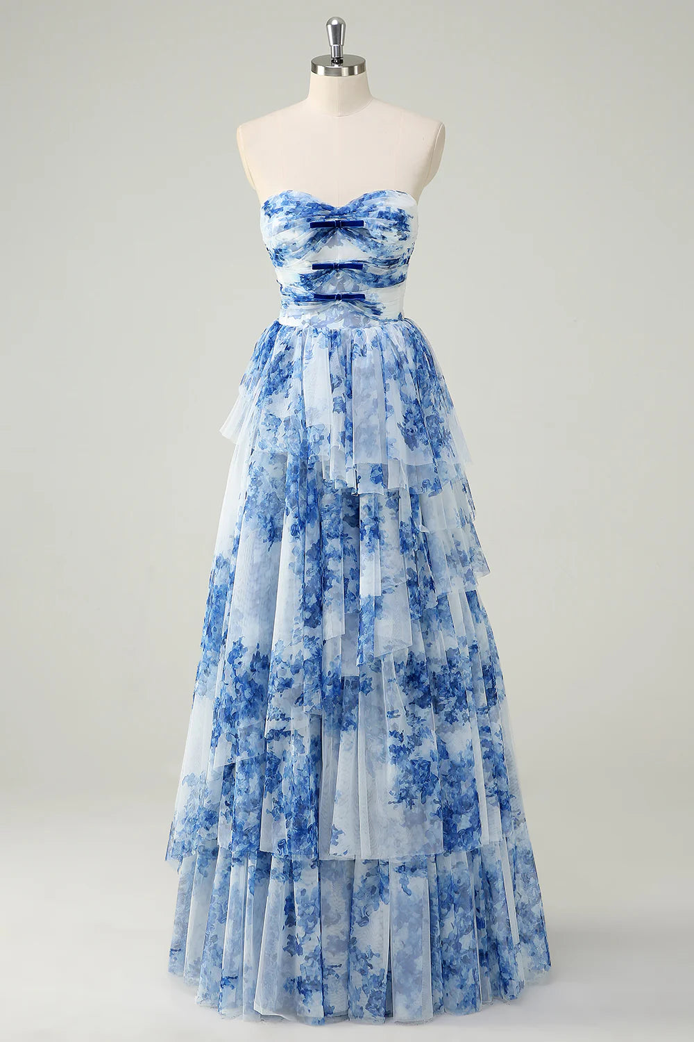 Blue and White Floral Print Strapless Tiered Tulle A-Line Evening Dresses