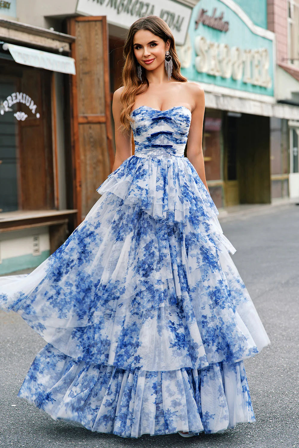Blue and White Floral Print Strapless Tiered Tulle A-Line Evening Dresses