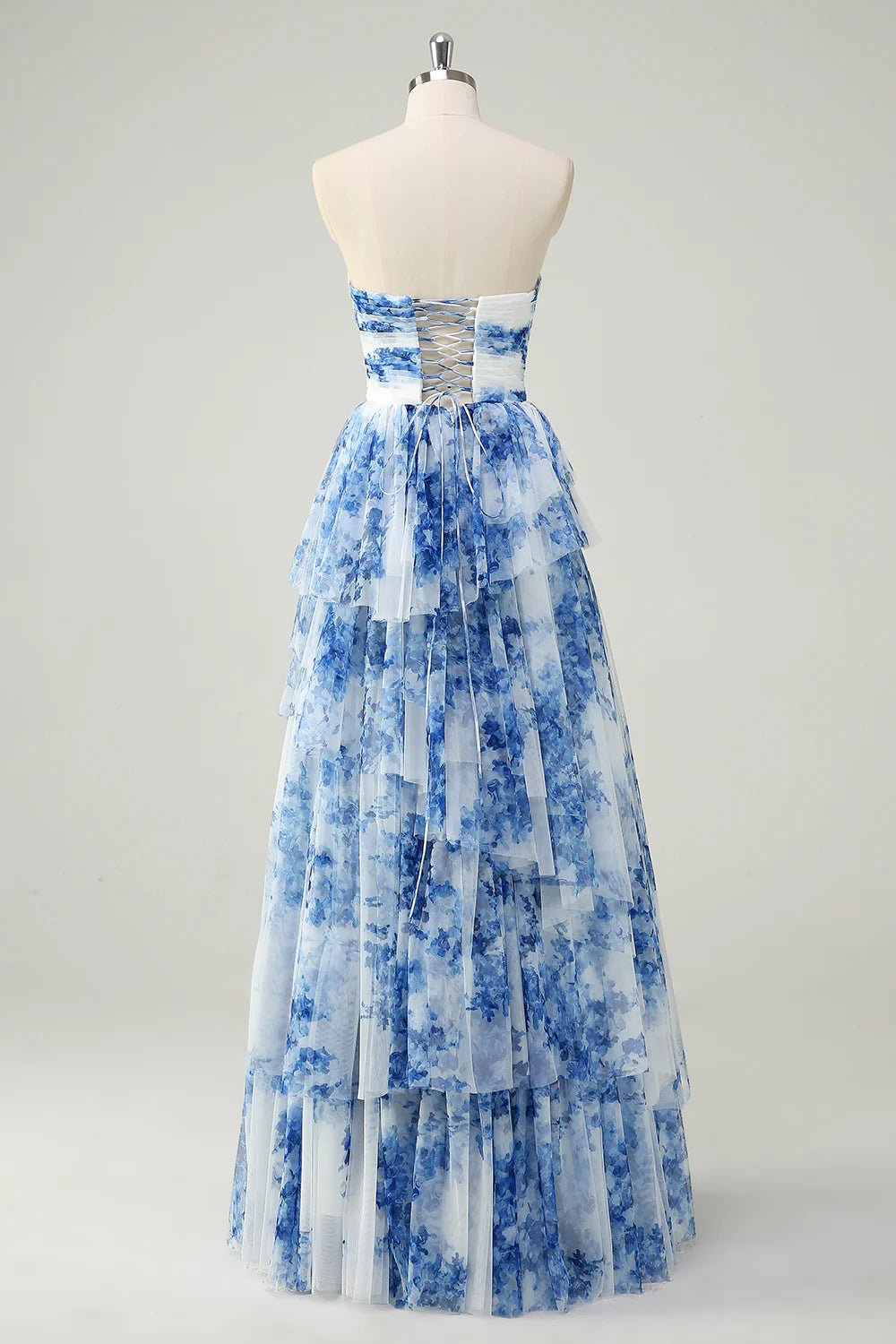 Blue and White Floral Print Strapless Tiered Tulle A-Line Evening Dresses