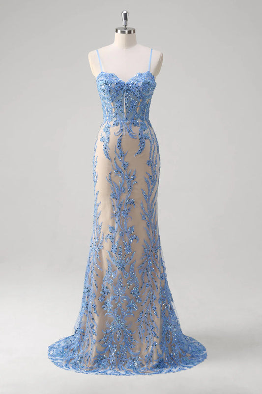 Blue mermaid spaghetti strap tight corset sequined long dress with applique lace