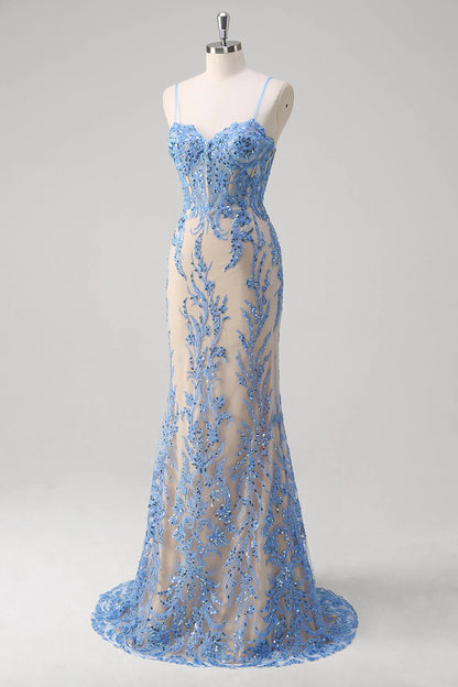 Blue mermaid spaghetti strap tight corset sequined long dress with applique lace