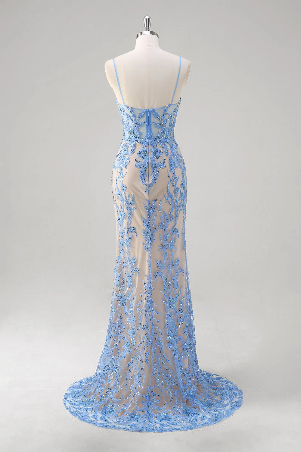 Blue mermaid spaghetti strap tight corset sequined long dress with applique lace