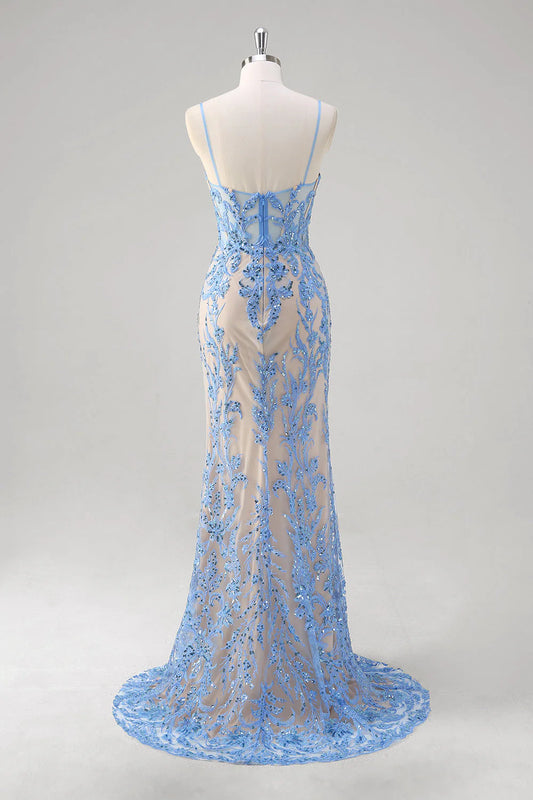 Blue mermaid spaghetti strap tight corset sequined long dress with applique lace