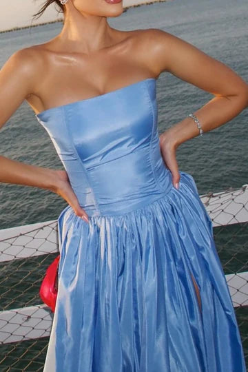 Blue strapless low square collar satin pleated high waisted formal ball gown