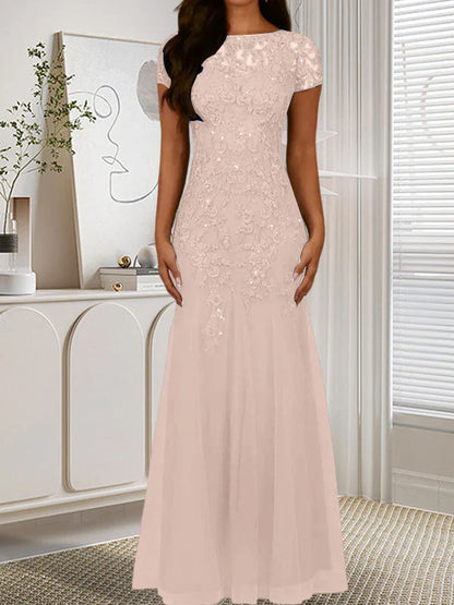 Mermaid round neck sequined chiffon dress long