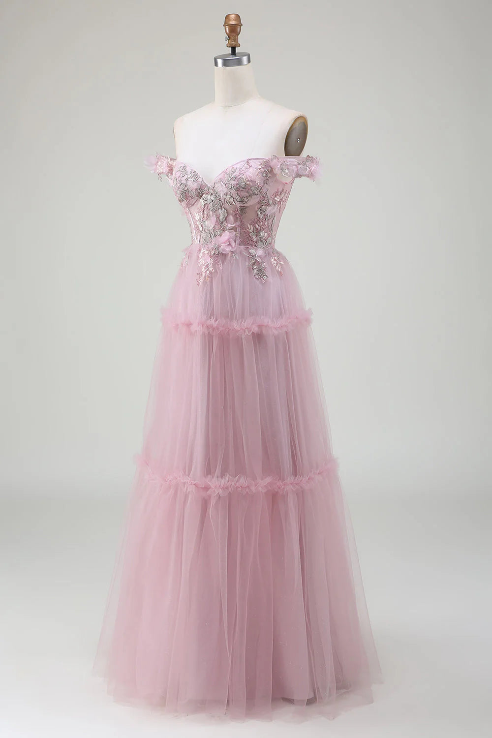Blush A-Line Off the Shoulder Tulle Long Prom Dress with Appliques