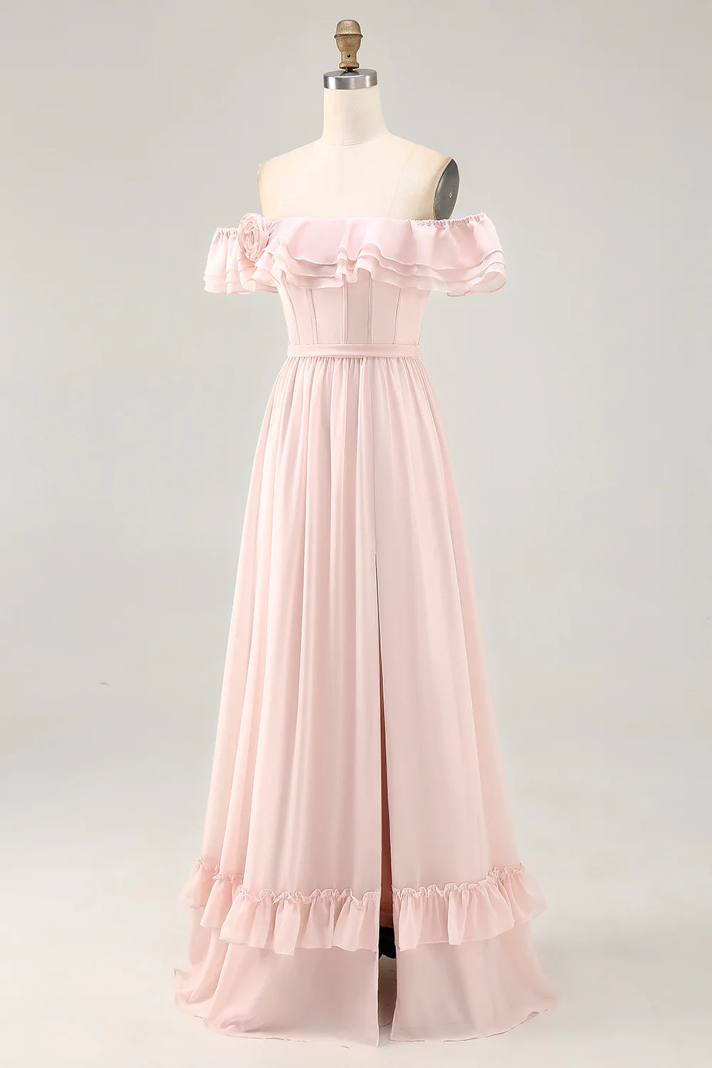 Blush A-line Off The Shoulder Chiffon Long Bridesmaid Dress with Slit