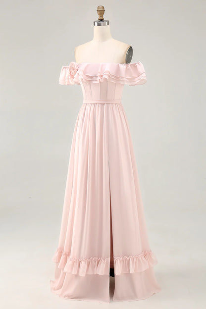 Blush A-line Off The Shoulder Chiffon Long Bridesmaid Dress with Slit