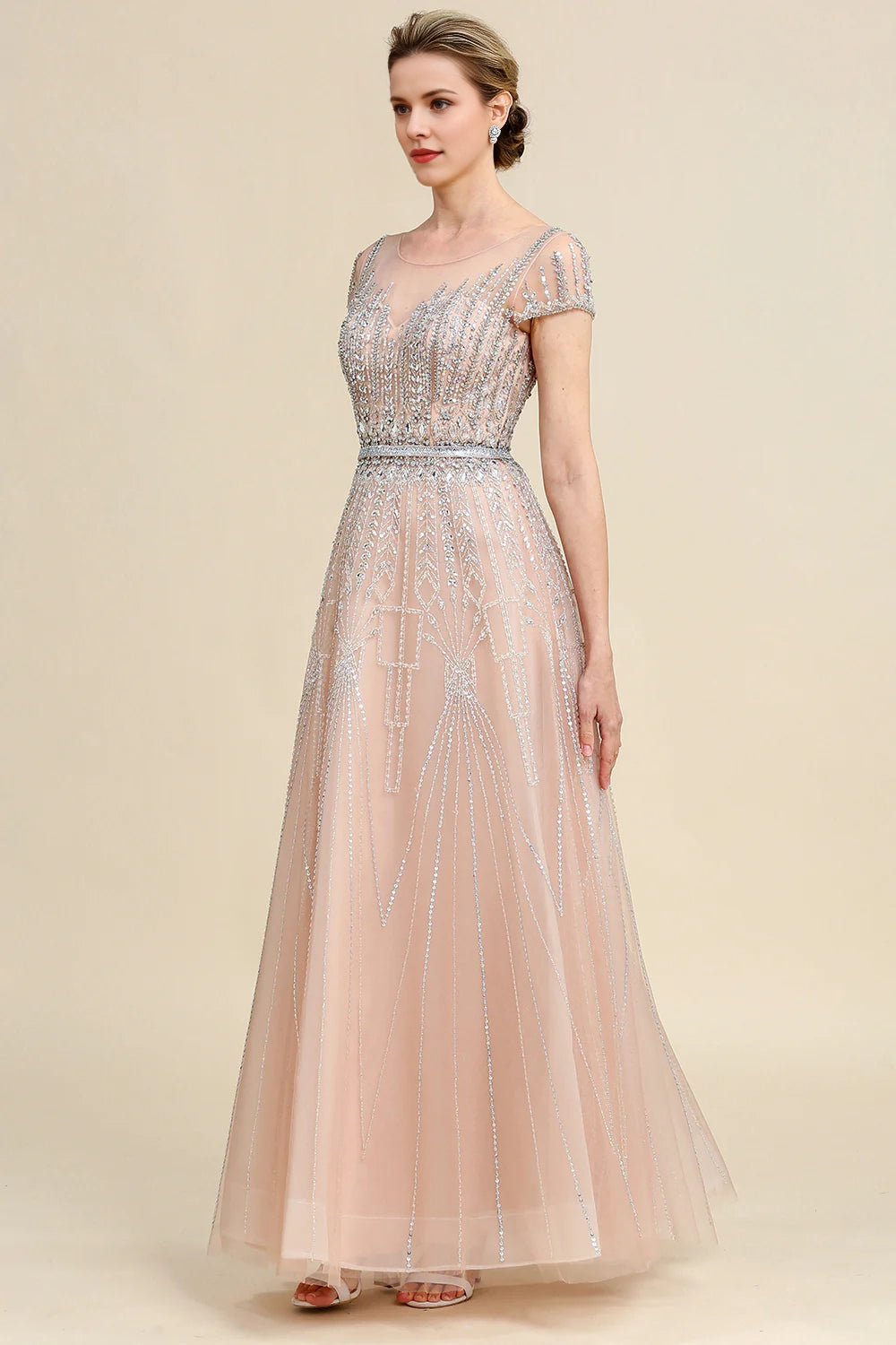 Blush A Line Beaded Mother of Bride Dress With Short Sleeves