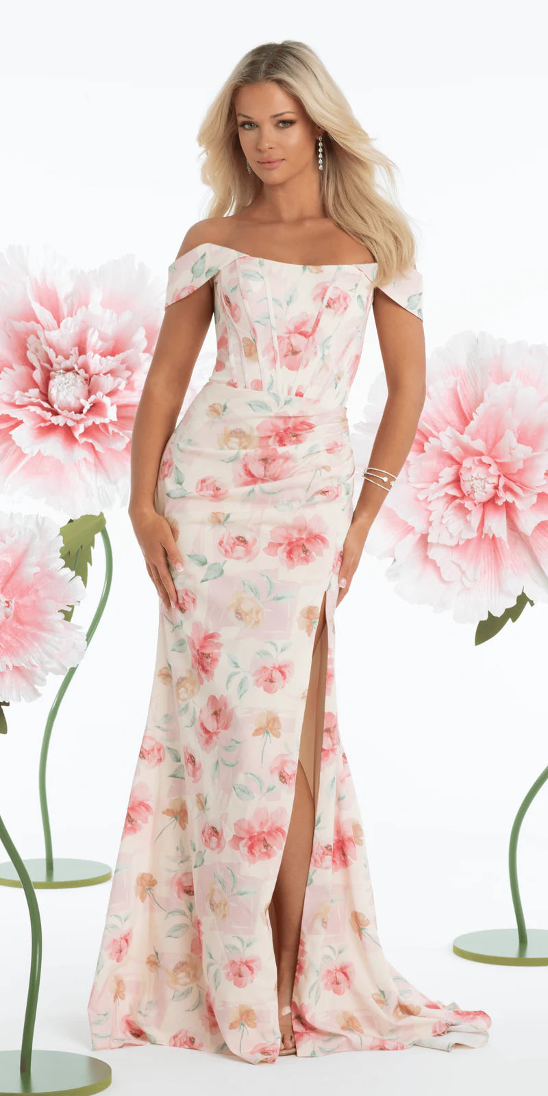 Blush Floral Off-the-Shoulder Corset Mermaid Gown with High Slit Homecoming & Prom Dresses