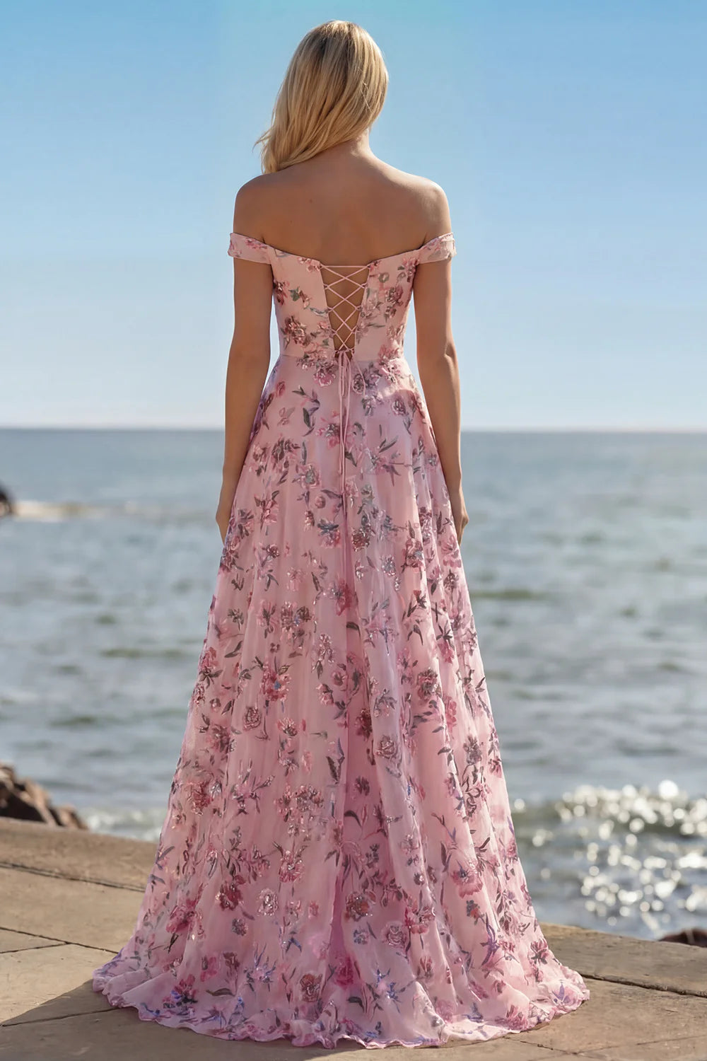 Blush Floral Off-the-Shoulder Evening Dresses